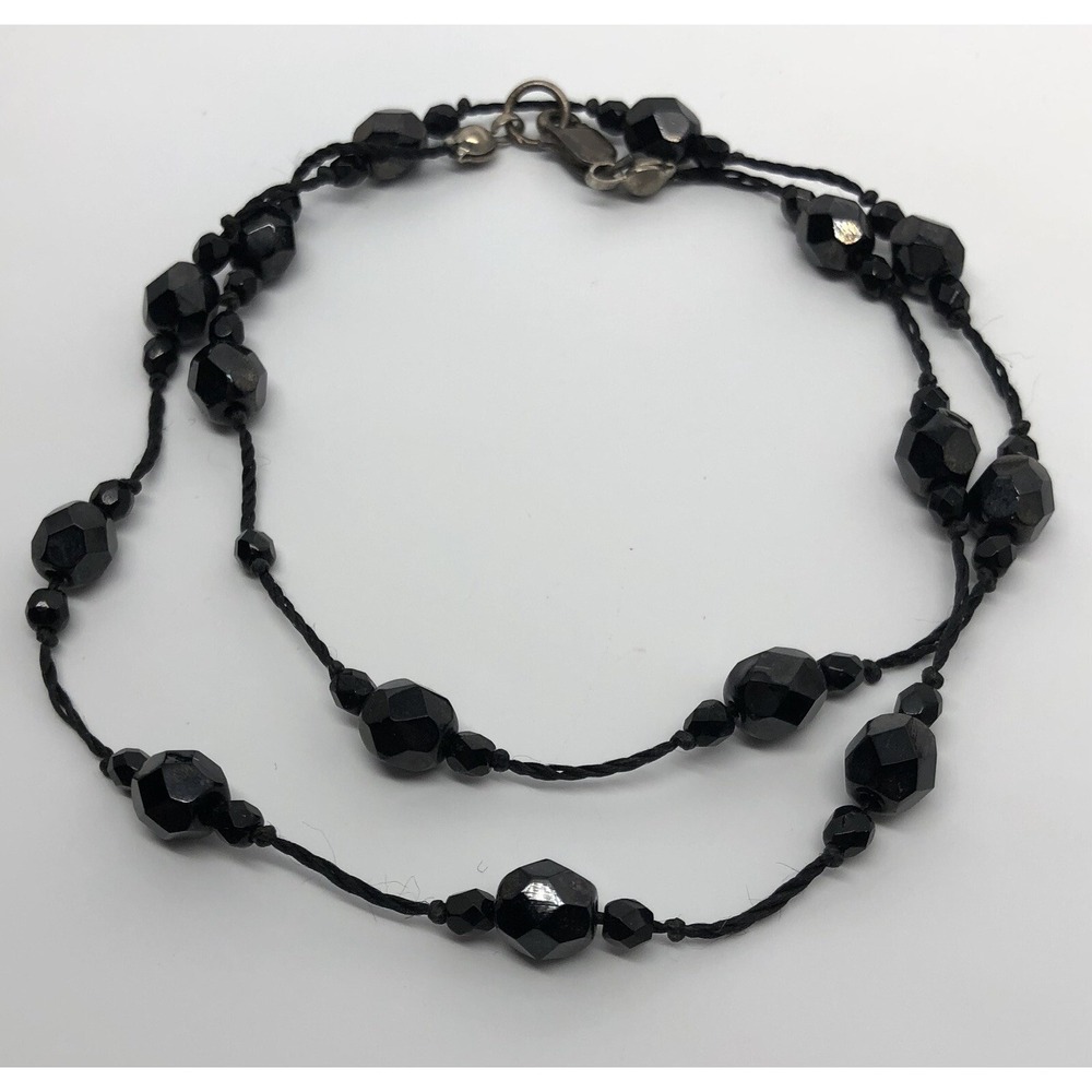 Vintage Necklace 1980s Round Bead Necklace Shiny Black Beads 16" Fashion Jewelry